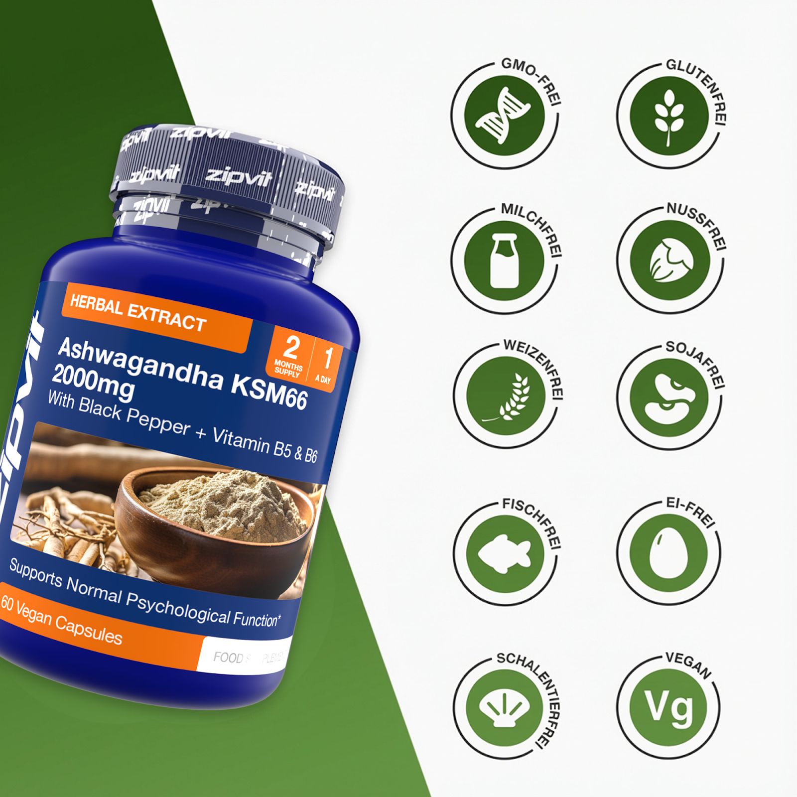 Zipvit Ashwagandha KSM-66 2000mg mit Vit B5 & B6, 60 Vegane Kapseln