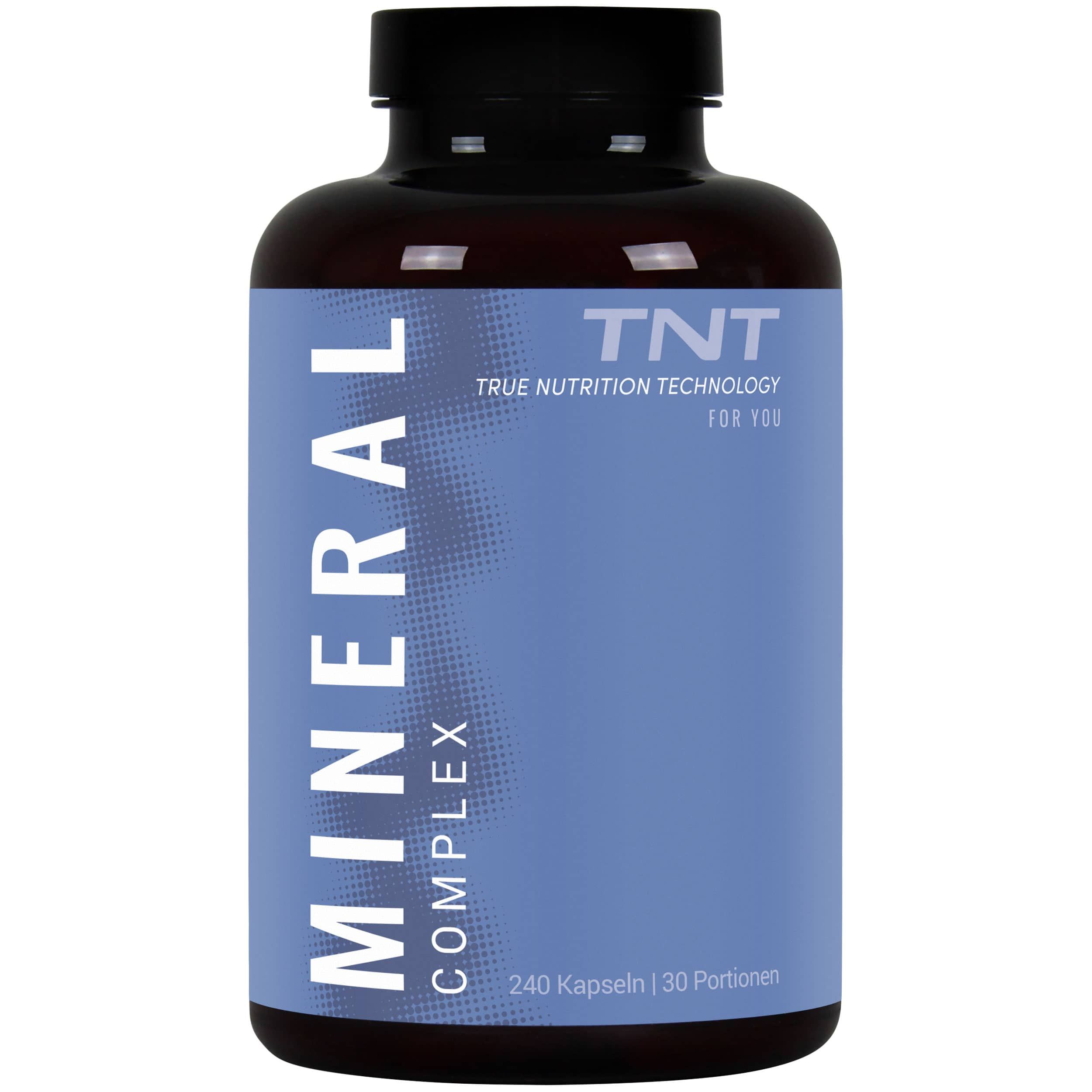 Braune Flasche mit blauem Etikett. Aufschrift: MINERAL COMPLEX, TNT. Enthält 240 Kapseln.