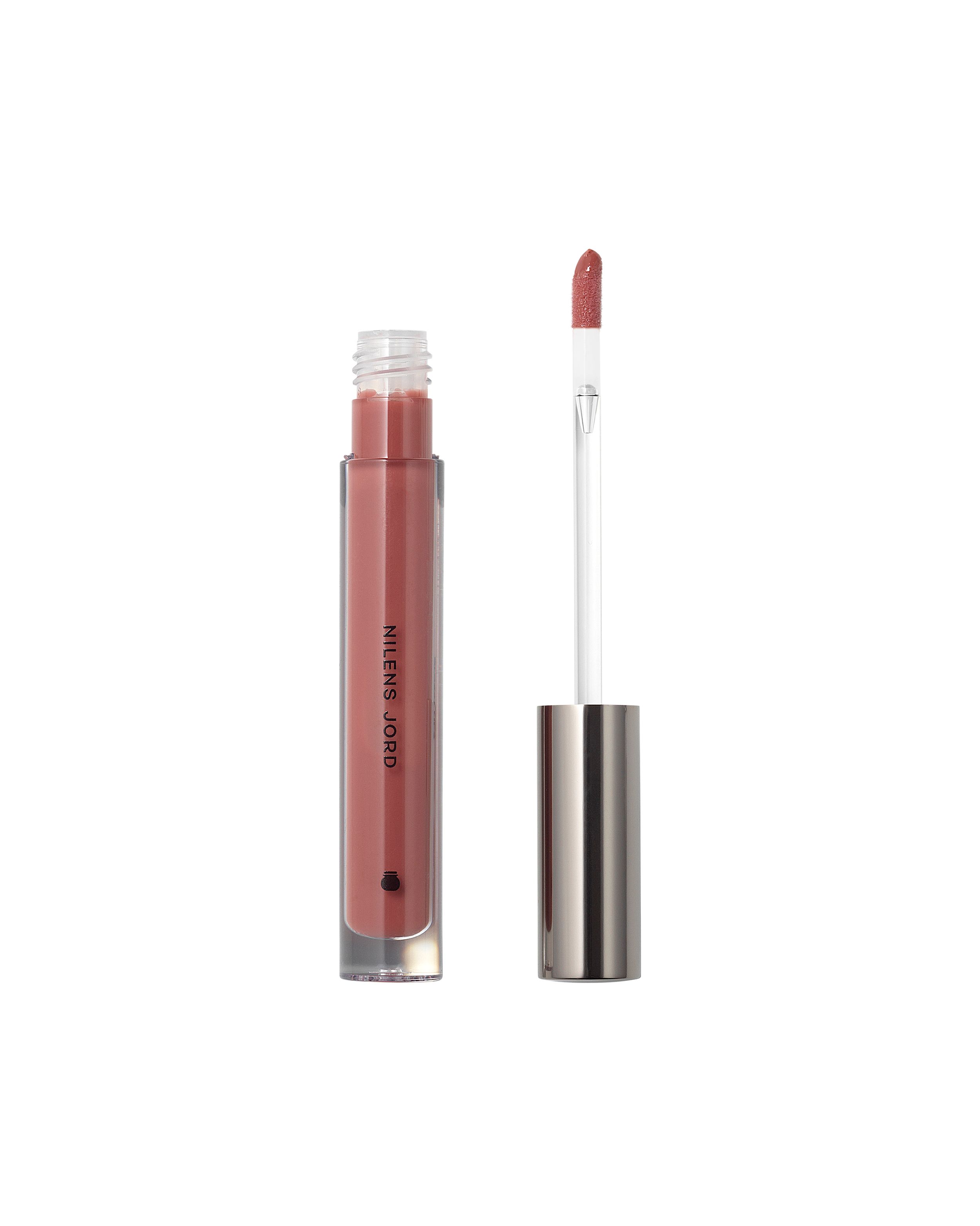 Ein flüssiger Lippenstift in einem durchsichtigen Behälter mit silbernem Deckel und Applikator. Die Farbe ist ein matter Rosaton.