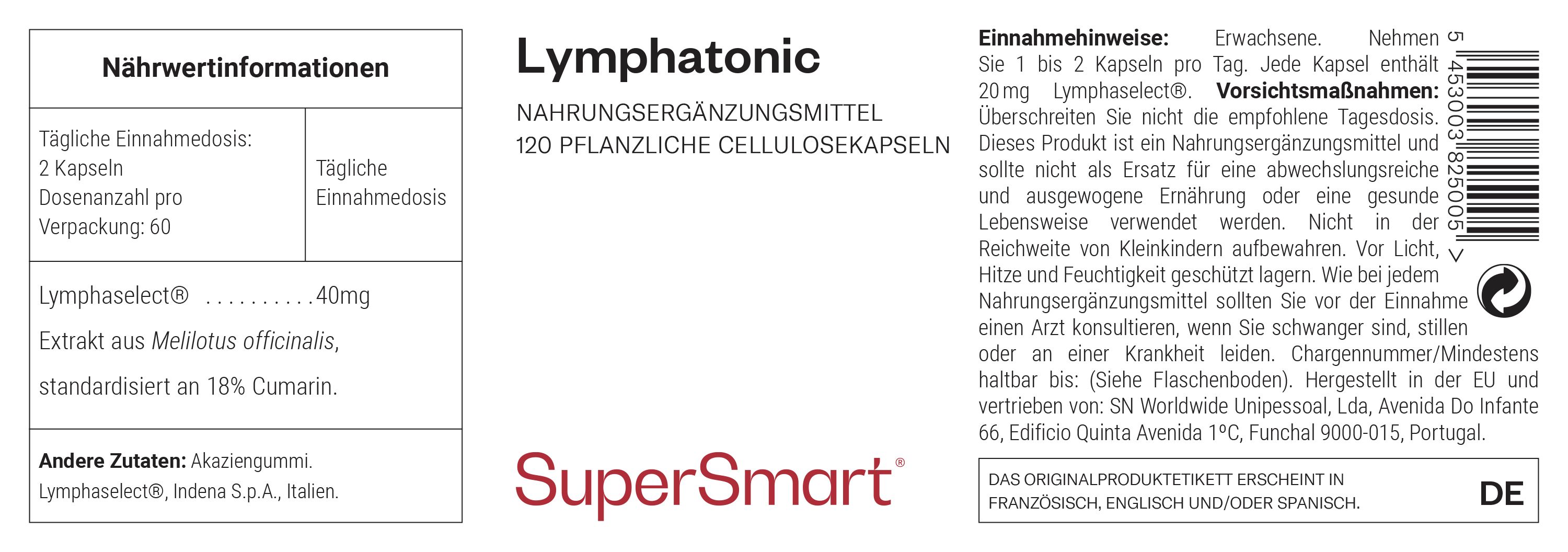 Nahrungsergänzungsmittel Lymphatonisch, 120 Kapseln. SuperSmart-Logo. Text in Deutsch. Barcode und Informationen.