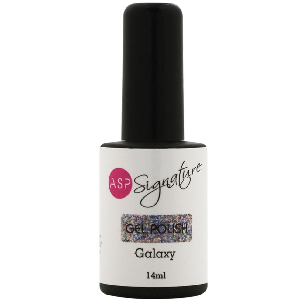 Nagellackflasche mit schwarzem Deckel. Etikett mit ASP Signature, Gel Polish, Galaxy und 14ml.