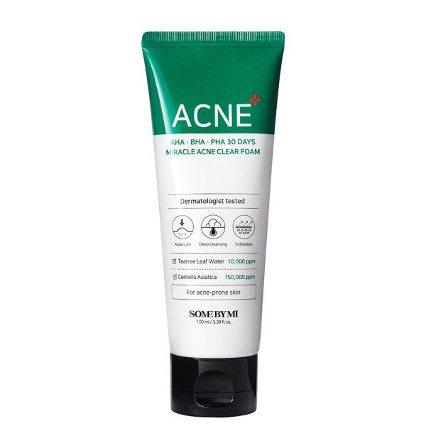 SOMEBYMI AHA-BHA-PHA Miracle Acne Clear Foam Tube. Enthält Teebaumblattwasser und Centella Asiatica.