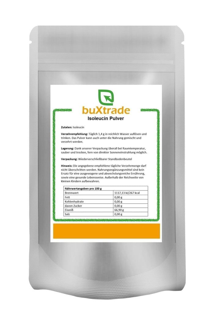 Beutel mit buXtrade Isoleucin Pulver. Aufdruck mit Produktinformationen und Nährwertangaben. Wiederverschließbarer Standbodenbeutel.