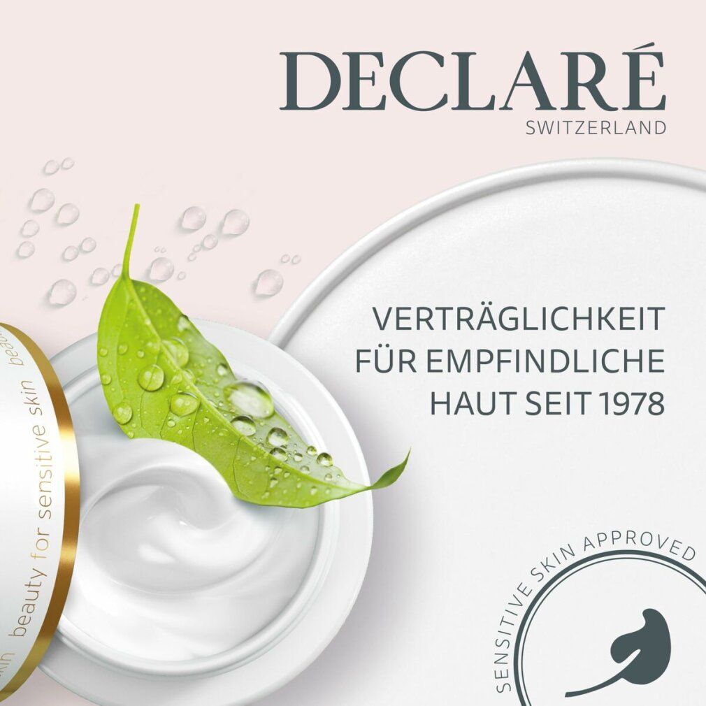 Creme in Tiegel mit Blatt. DECLARÉ-Logo und Text: Verträglichkeit für empfindliche Haut seit 1978.
