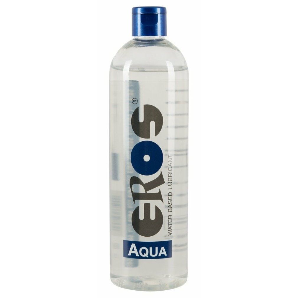 Transparente Flasche mit blauem Deckel. Aufschrift "EROS" und "Aqua".