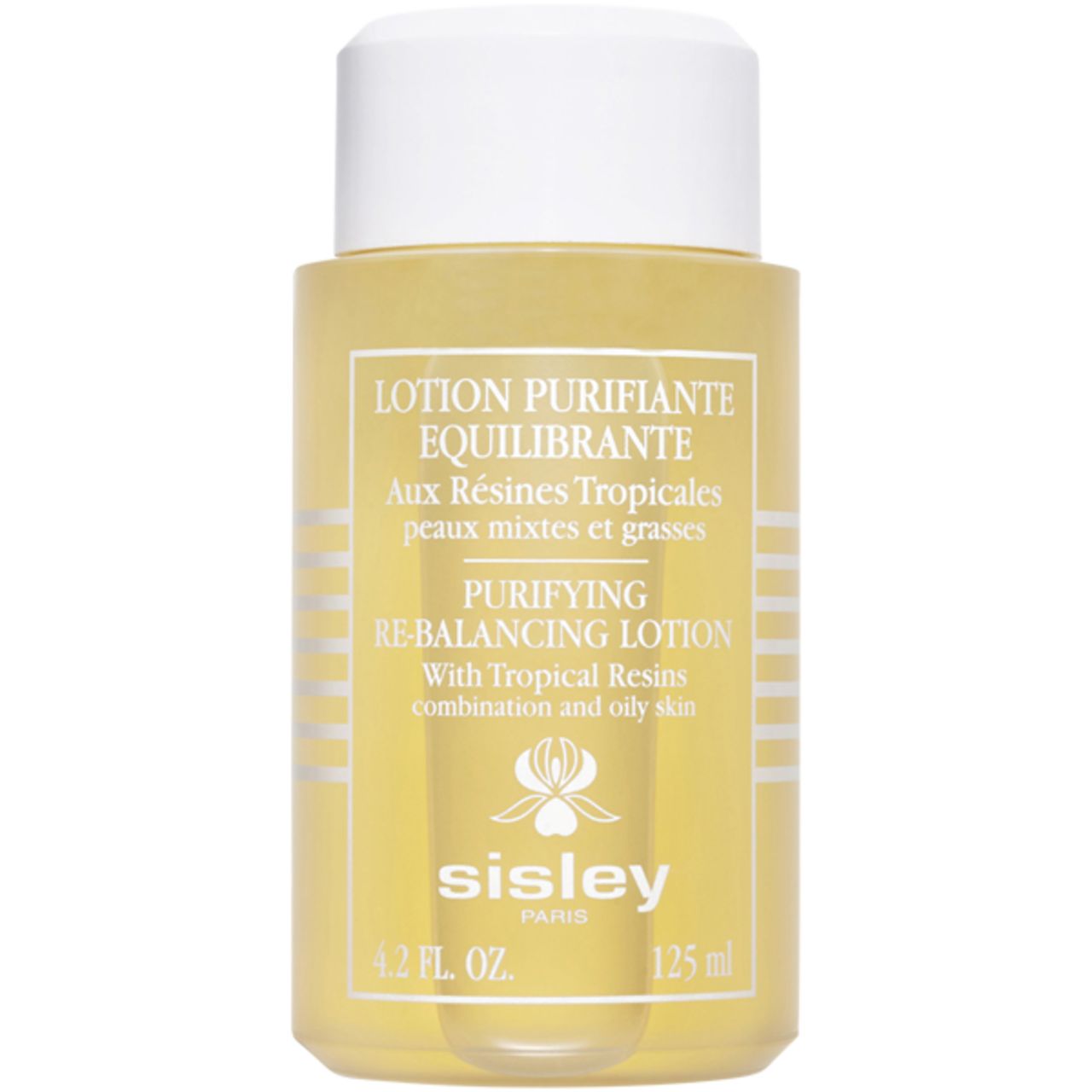 Gelbe Flasche mit weißem Deckel. Beschriftung: Lotion Purifiante Equilibrante, Sisley. Volumen: 125 ml.