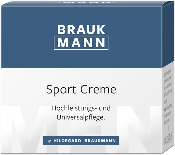 Karton mit BRAUKMANN Sport Creme. Blau-weiße Verpackung. Schriftzug: Sport Creme, Hochleistungs- und Universalpflege. Marke: Hildegard Braukmann.