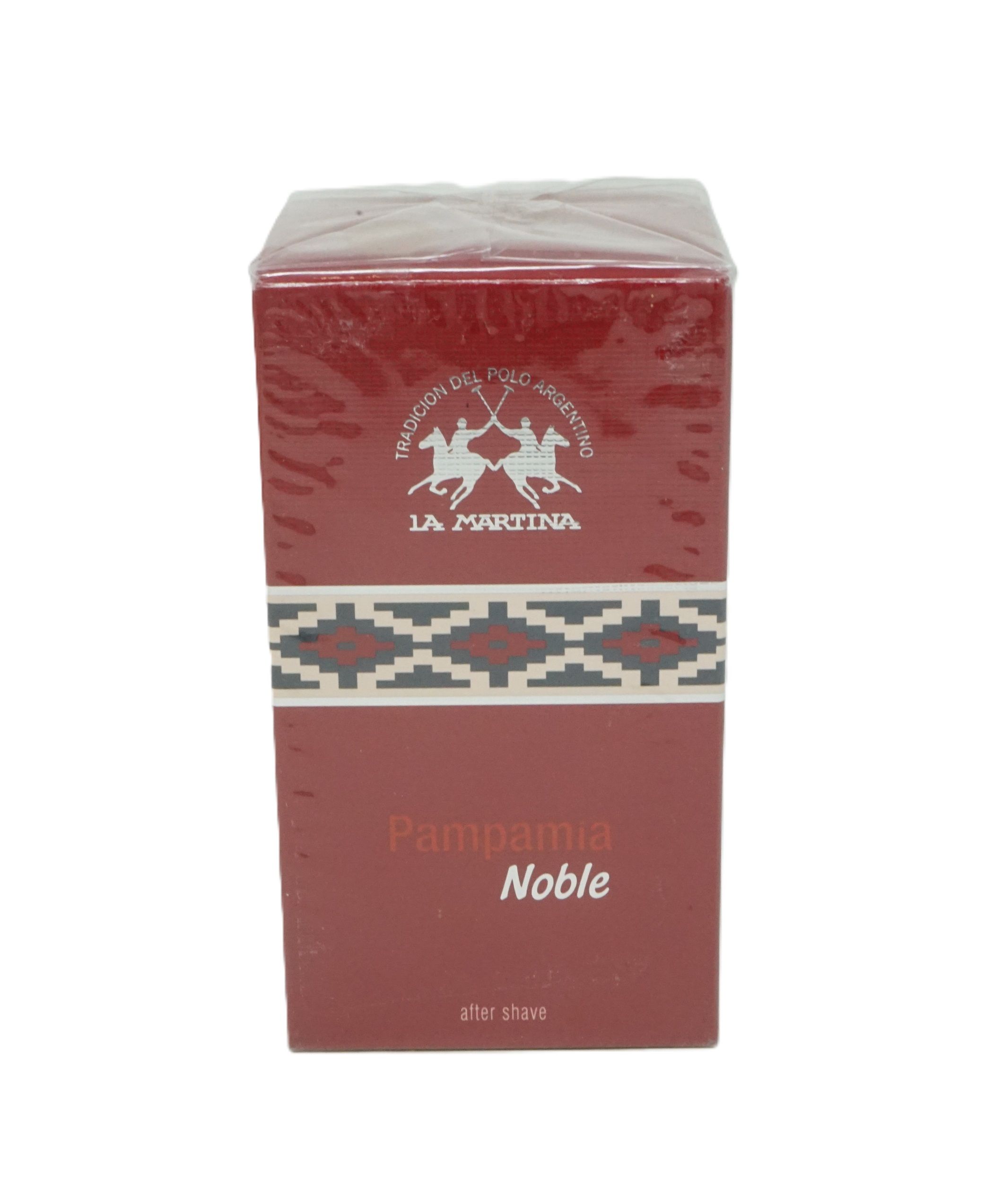 Rote rechteckige Verpackung. Oben Logo mit zwei Polospielern. Text: Pampamia Noble, after shave.
