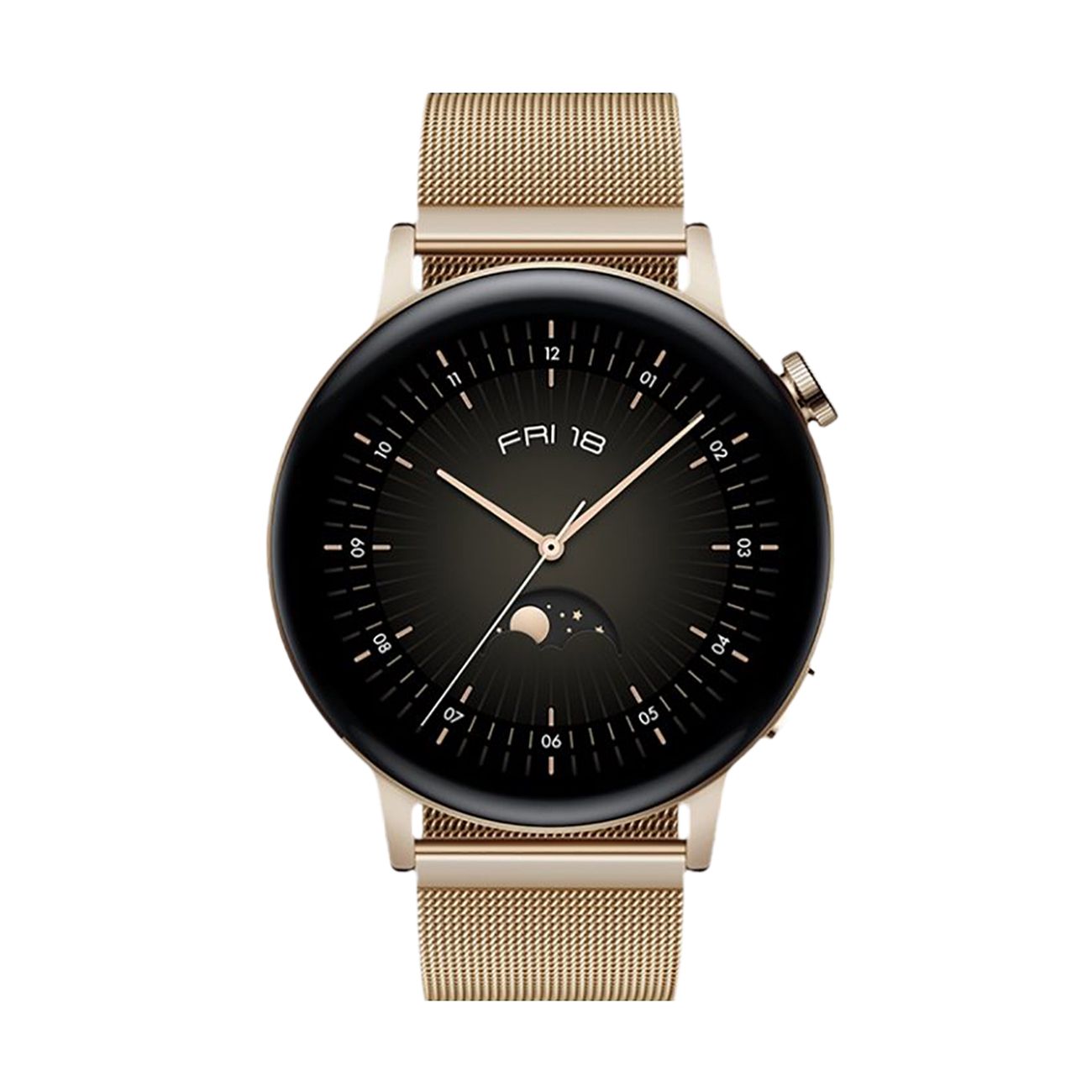 Goldfarbene Smartwatch mit Mesh-Armband. Rundes Zifferblatt mit Datumsanzeige. Gehäuse und Armband in Goldoptik.
