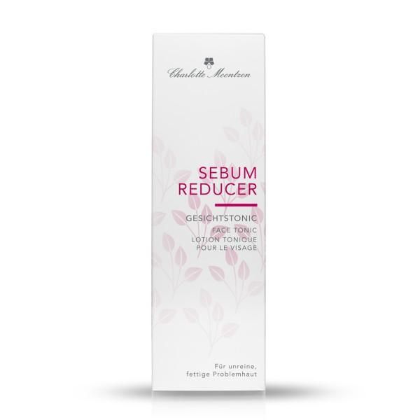 Weiße Verpackung. Aufschrift: Sebum Reducer, Gesichtstonic. Marke: Charlotte Meentzen. Floral-Dekor. Für unreine, fettige Haut.