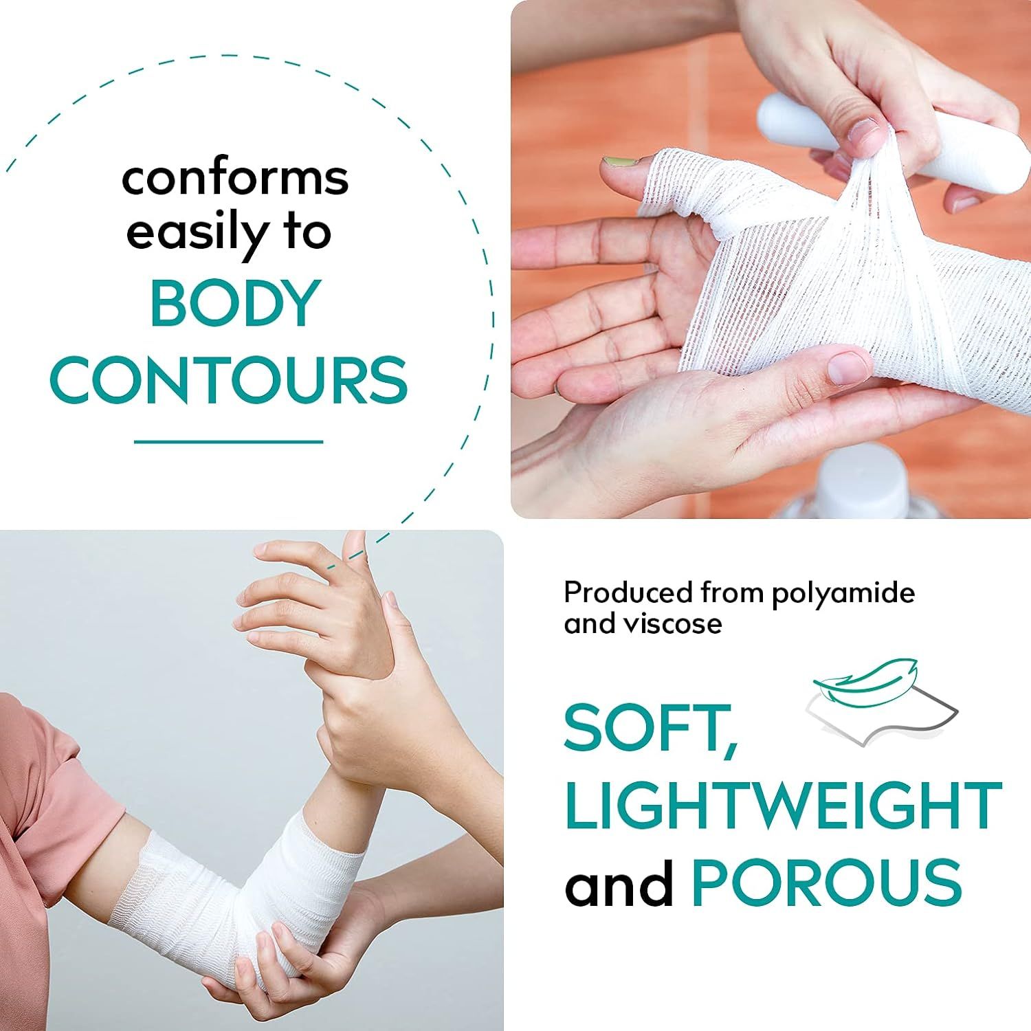 Le persone avvolgono la mano e il braccio con bende elastiche bianche. Testo: 'conforms easily to BODY CONTOURS'.