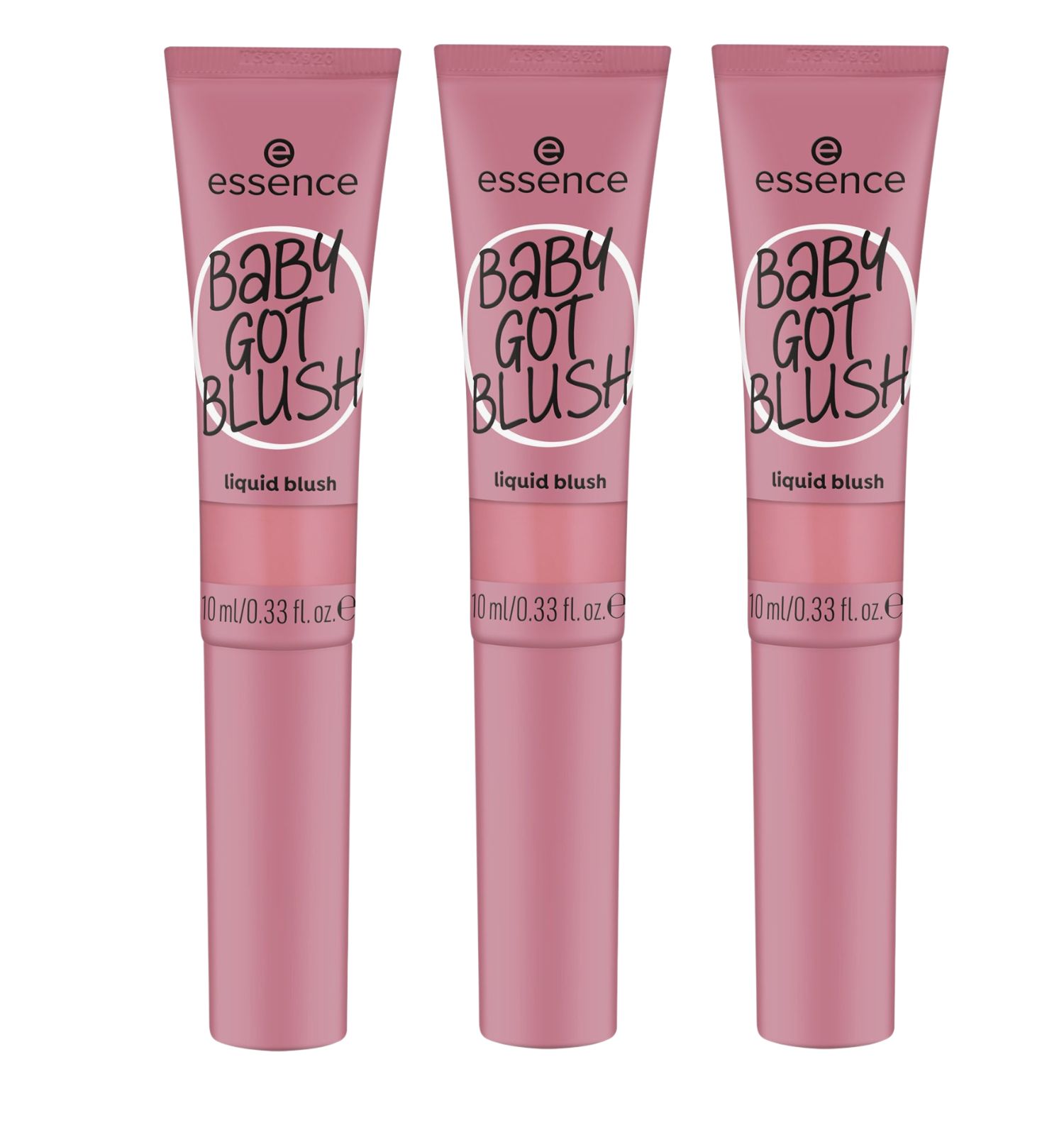 Drei Tuben Essence Baby Got Blush. Rosa Tuben mit weißem Schriftzug und Applikator. 10 ml/0,33 fl.oz.