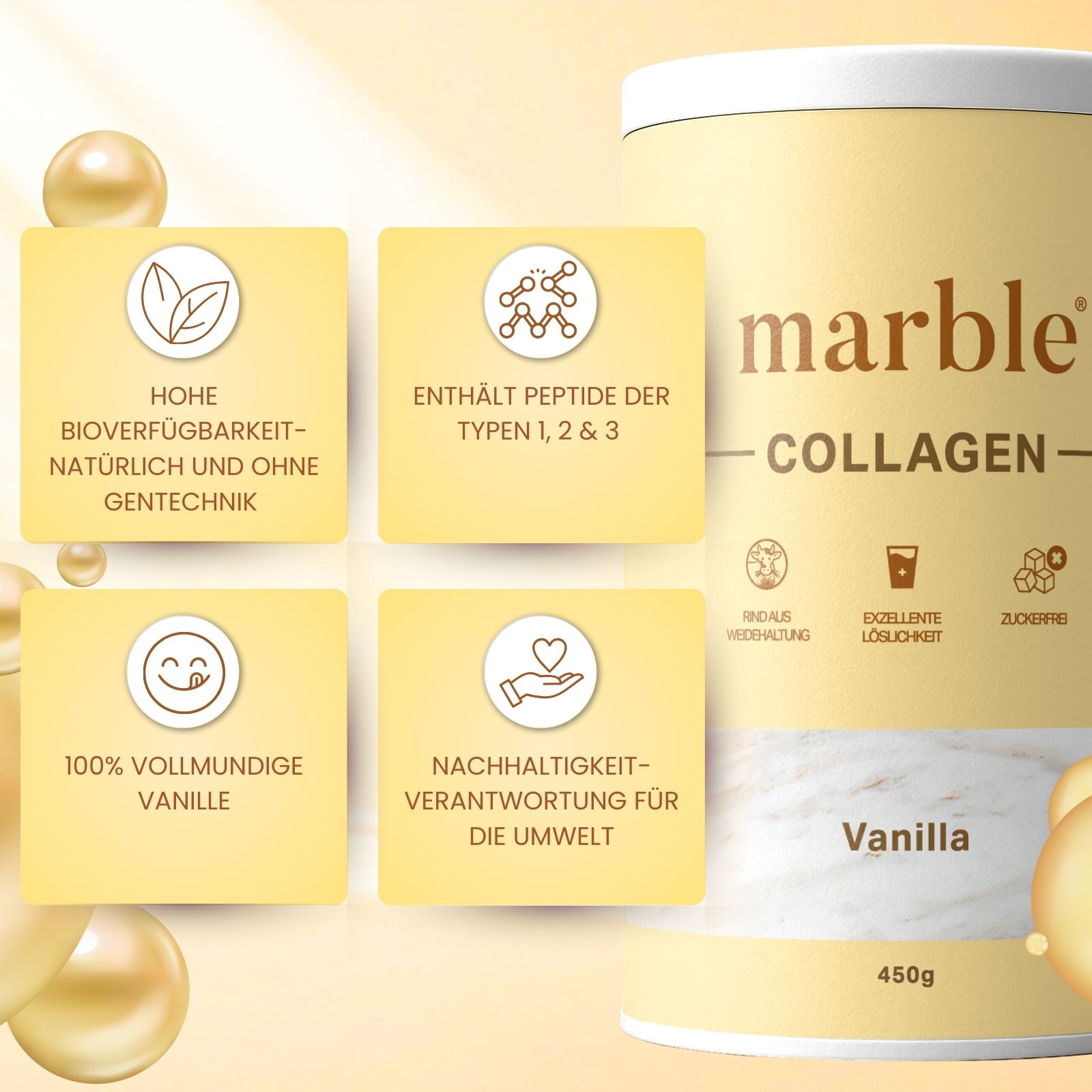 Beige Dose mit Aufschrift marble® COLLAGEN, Vanilla, 450g. Icons: Hohe Bioverfügbarkeit, enthält Peptide, 100% Vanille, Nachhaltigkeit.