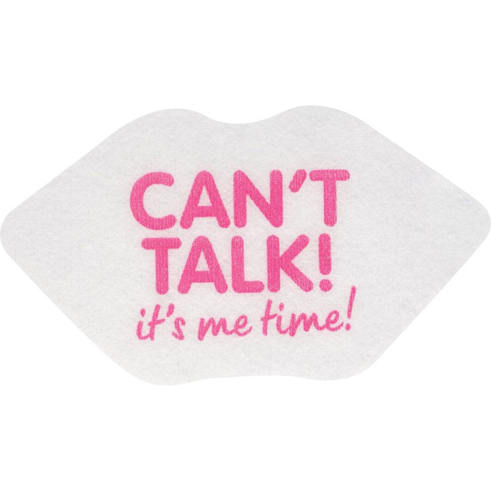 Weiße Lippenmaske mit pinkfarbenem Schriftzug: CAN'T TALK! it's me time!