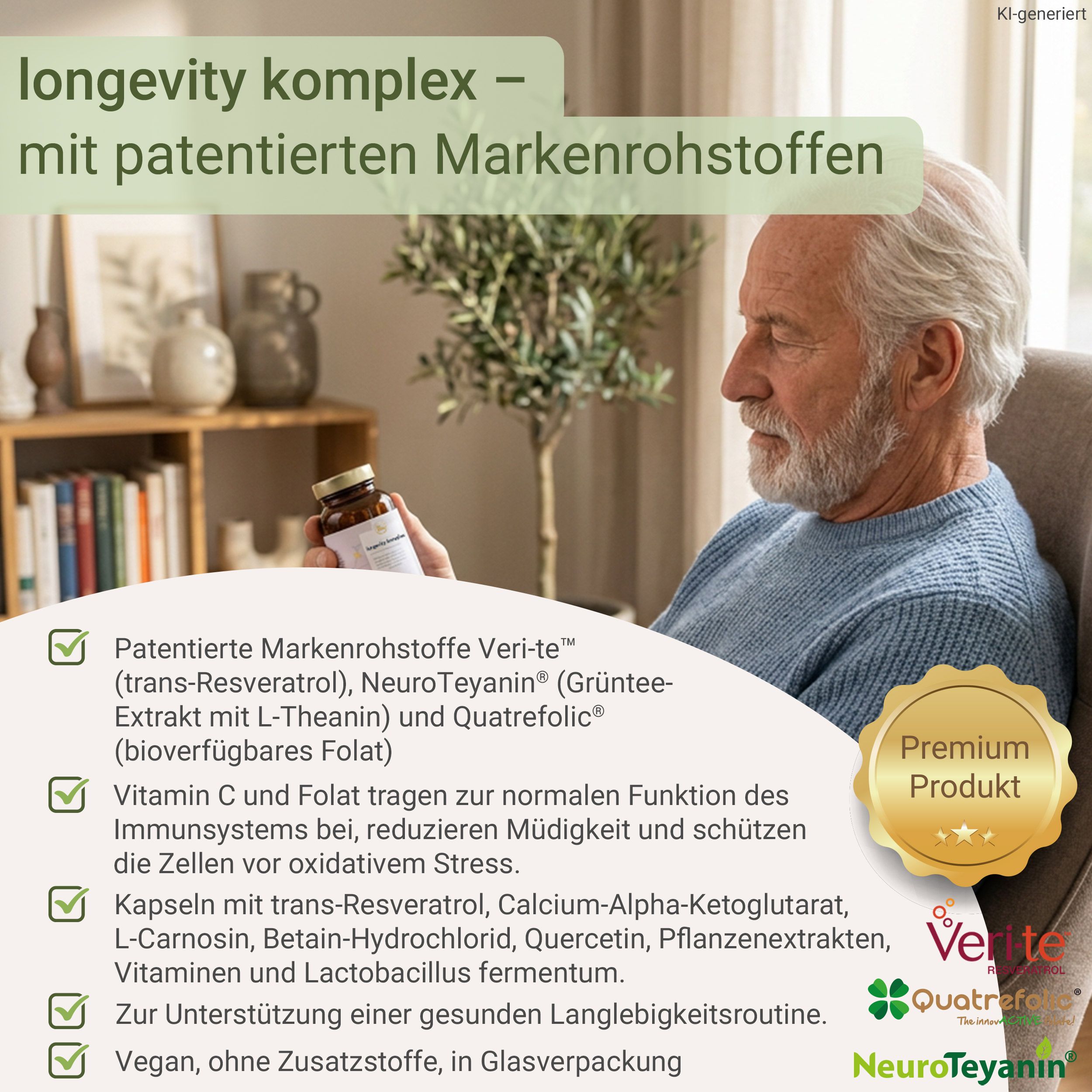 Braune Glasflasche mit Kapseln, gehalten von einer Hand. "Premium Produkt" Siegel.