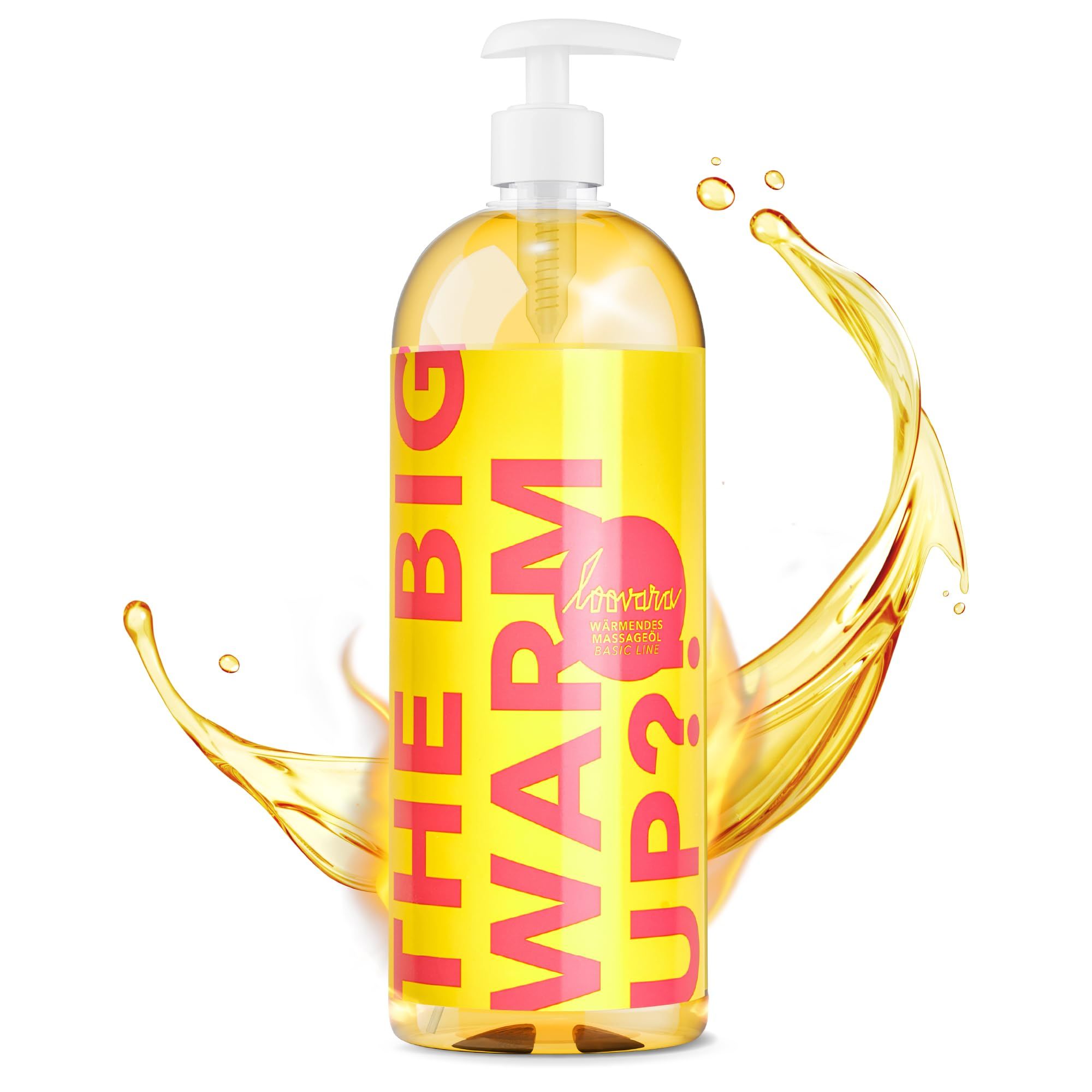 Loovara The Big Warm Up Massageöl in durchsichtiger Flasche mit Pumpspender und gelbem Etikett.