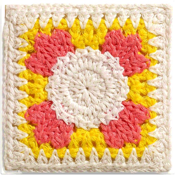 Gehäkelter Deckel für Artdeco Bronzing Powder mit Blumenmuster in Weiß, Gelb und Rosa.