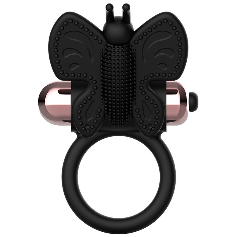 Vorderansicht eines schwarzen Vibrationsrings in Schmetterlingsform mit Kugeln.