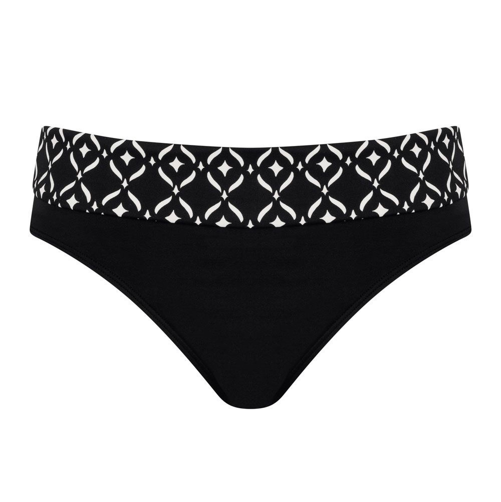 Schwarzer Bikini-Slip mit weißem, geometrischem Muster am Bund. Hoher Bund, Vorderansicht.