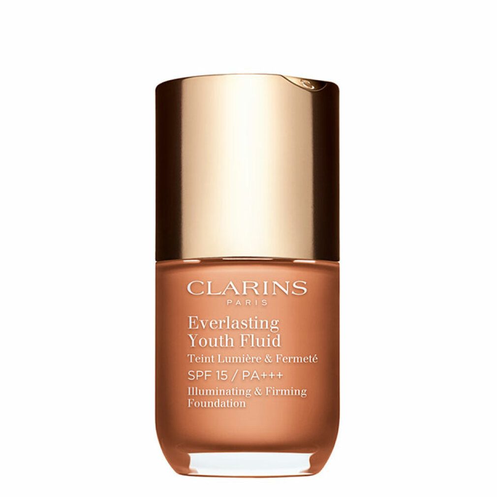 Clarins Everlasting Youth Fluid SPF 15. Flasche mit goldfarbenem Deckel. Aufschrift: SPF 15, Illuminating & Firming Foundation.