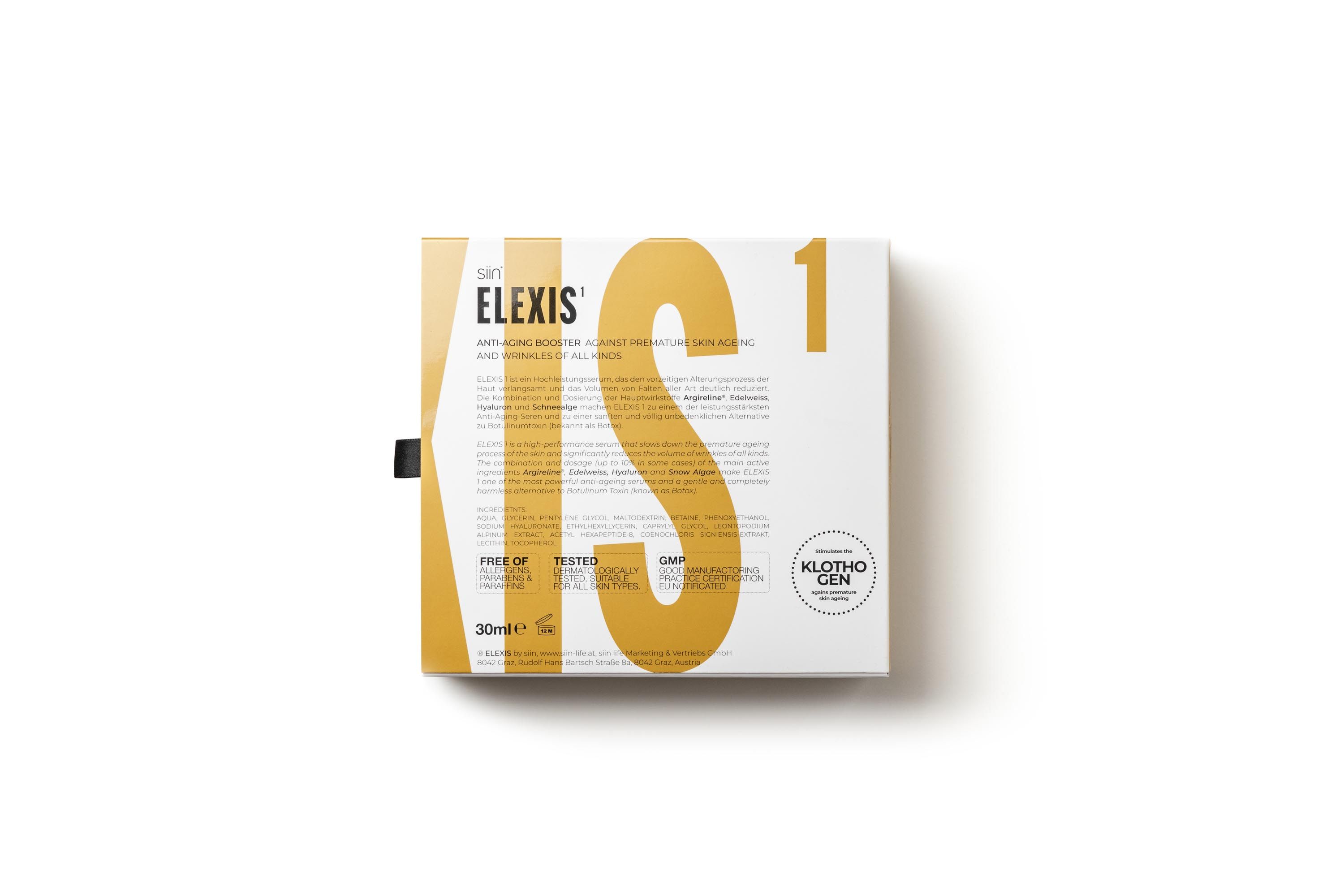 Verpackung mit gelbem und weißem Design. Aufschrift: ELEXIS. Textinformationen und Logo.