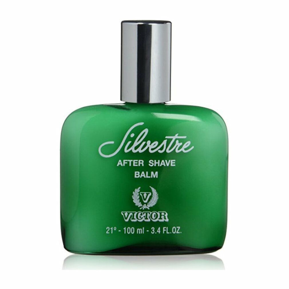 Grüne Flasche After Shave Balm mit silbernem Deckel. Aufschrift: Silvestre, After Shave Balm, Victor. Quadratische Form.