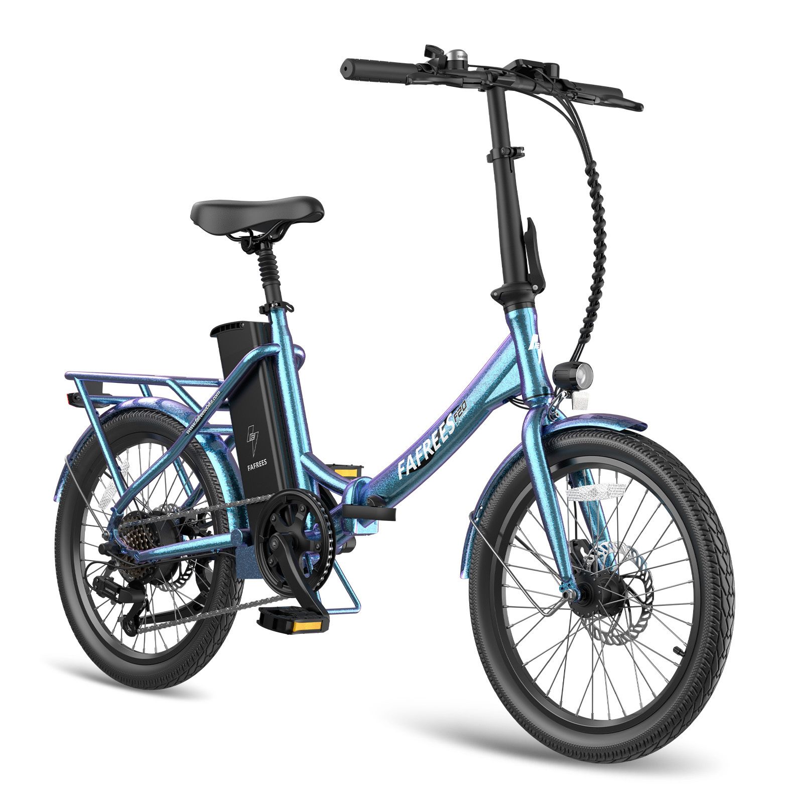 Blaues Fafrees F20 E-Bike. Klapprahmen, Gepäckträger, Scheibenbremsen, Akku am Rahmen. Schwarze Reifen und Sattel.