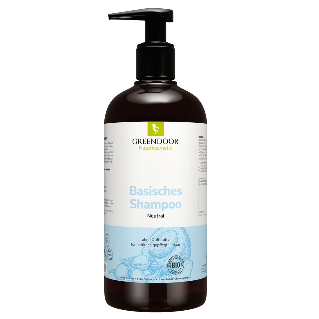 Braune Flasche mit schwarzem Pumpkopf. Aufschrift: GREENDOOR, Basisches Shampoo Neutral. Bio-Zertifizierung.