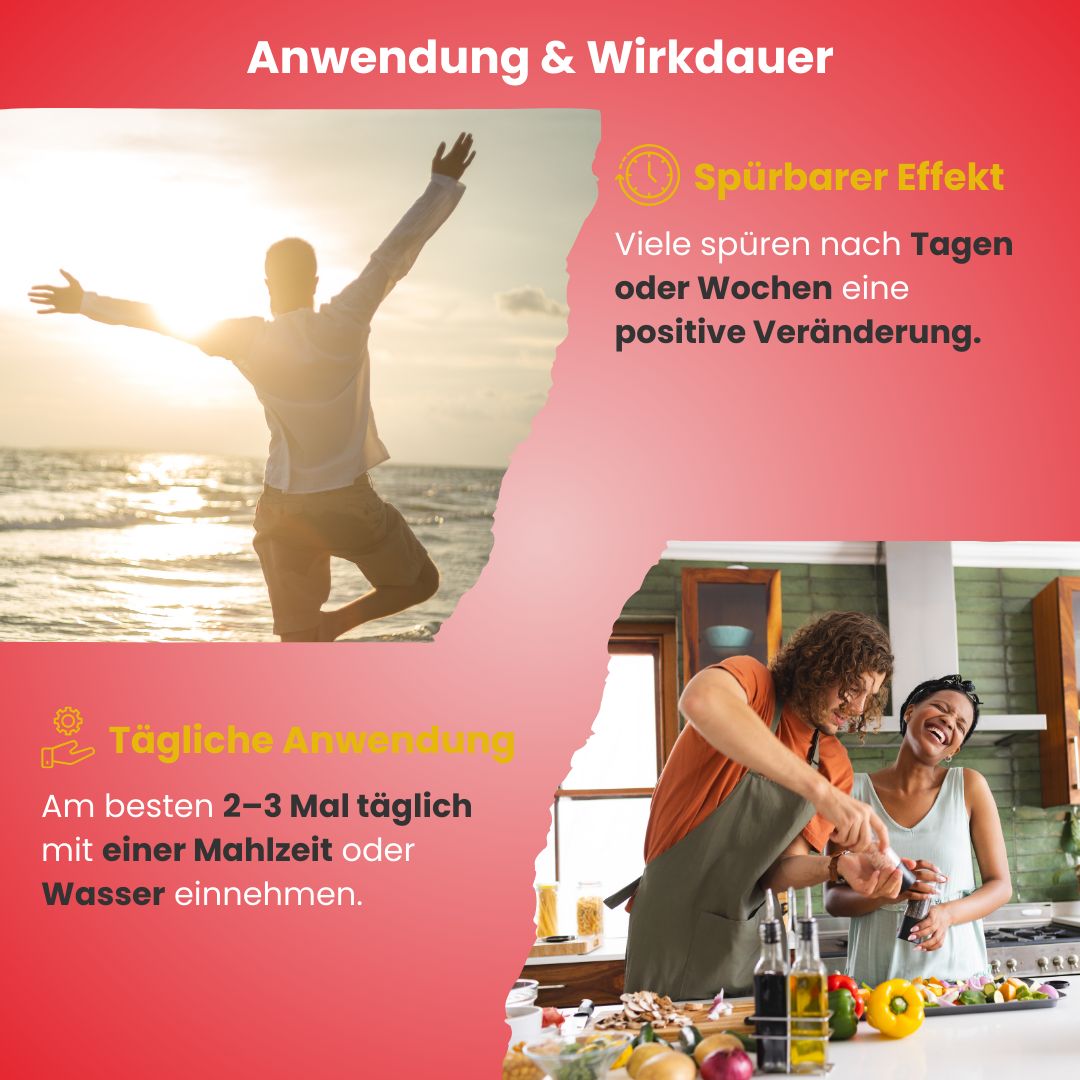 Zwei Bilder. Oben: Person am Strand mit erhobenen Armen. Unten: Paar kocht in Küche. Text: Anwendung & Wirkdauer, Tägliche Anwendung, Spürbarer Effekt.