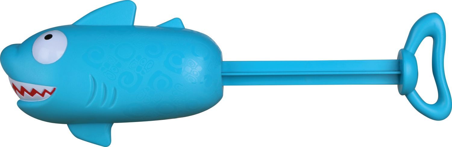 Türkisfarbene Wasserspritzpistole in Hai-Form. Weiße Zähne und Augen. Griff an der Rückseite. Muster auf dem Körper.