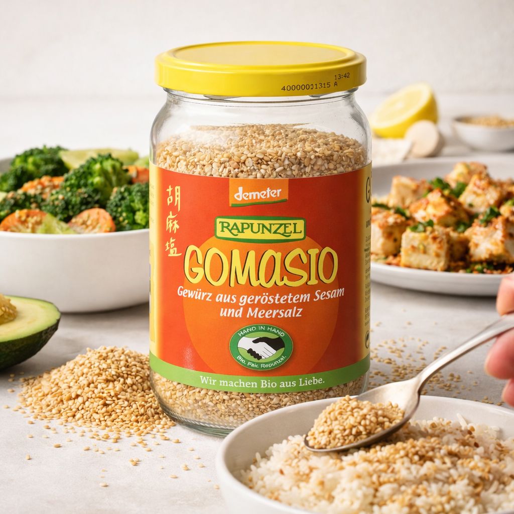 Rapunzel Gomasio Gewürz aus geröstetem Sesam und Meersalz im Glas, umgeben von Speisen.