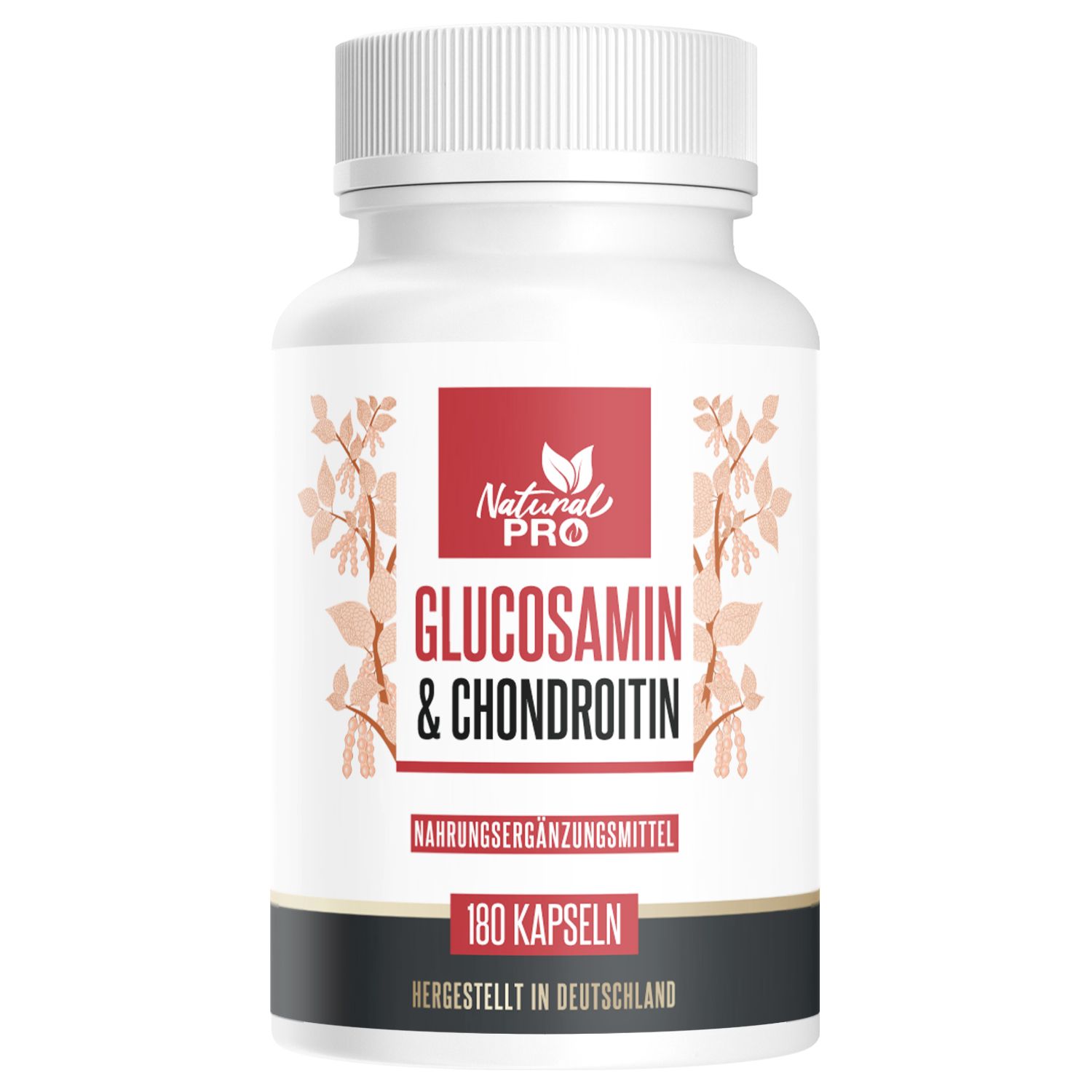 Weiße Flasche mit Kapseln. Aufschrift: Natural Pro, Glucosamin & Chondroitin, 180 Kapseln. Hergestellt in Deutschland.