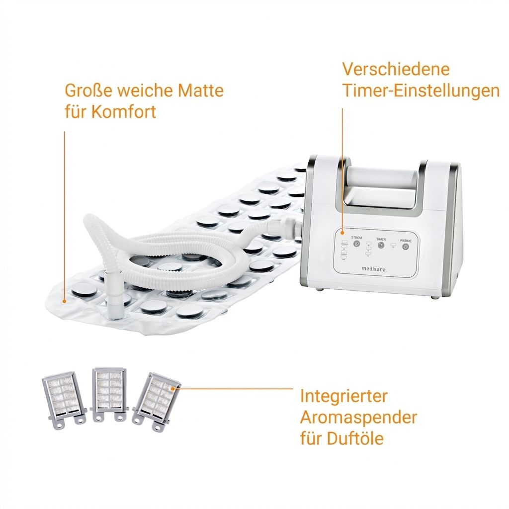 Luftsprudelbad-Set: Matte, Gerät, Schlauch, 3 Filter und Beschreibung von Aromaspender.