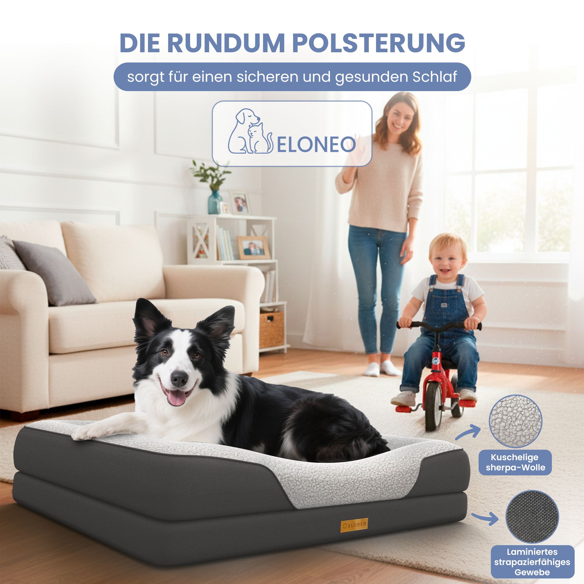 ELONEO Hundebett, grau. Mit Hund und Kind. Rundum Polsterung für sicheren Schlaf. Sherpa-Wolle.