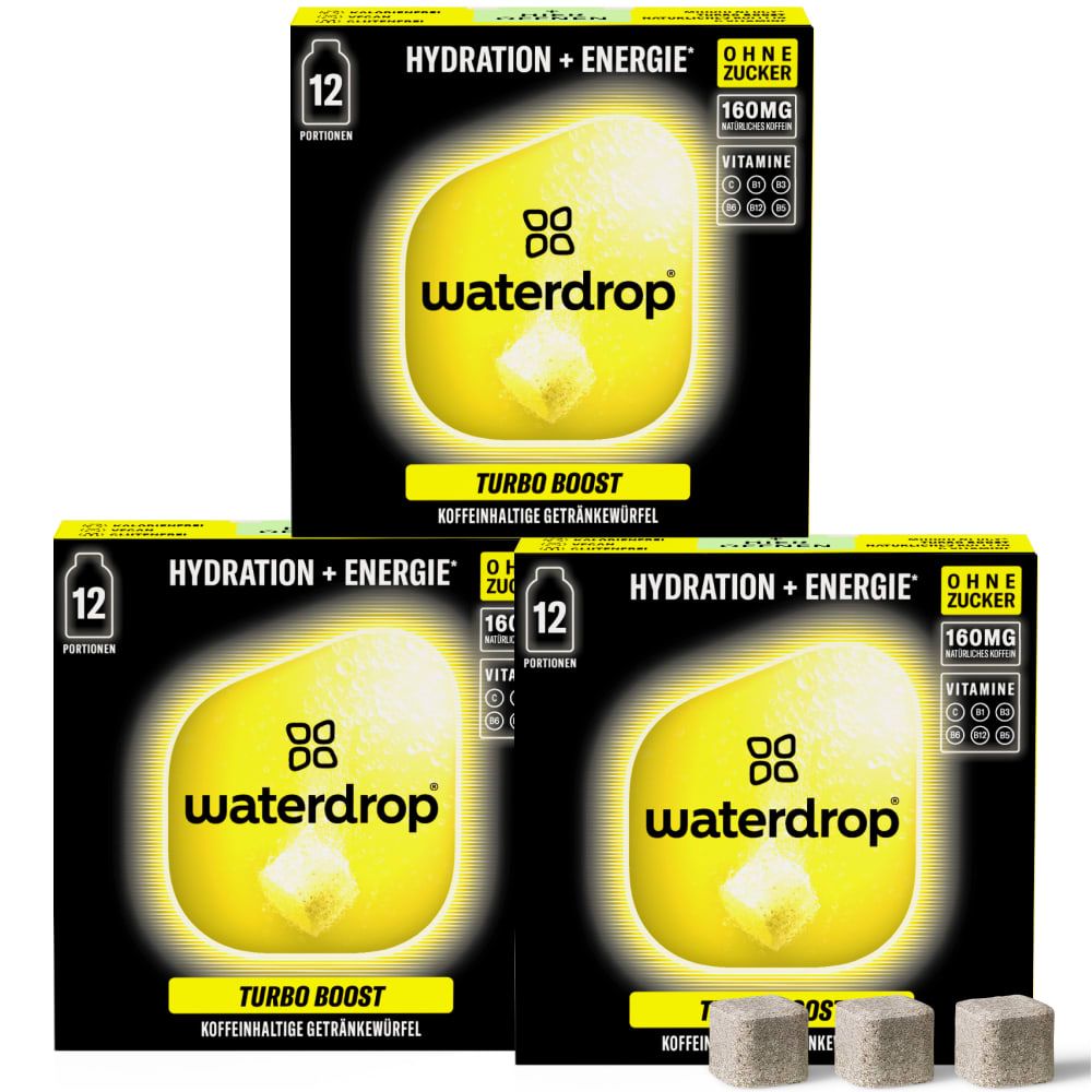 Drei Packungen waterdrop® Turbo Boost. Gelbe Verpackung mit Produktabbildung und Schriftzug. Enthält 12 Portionen.