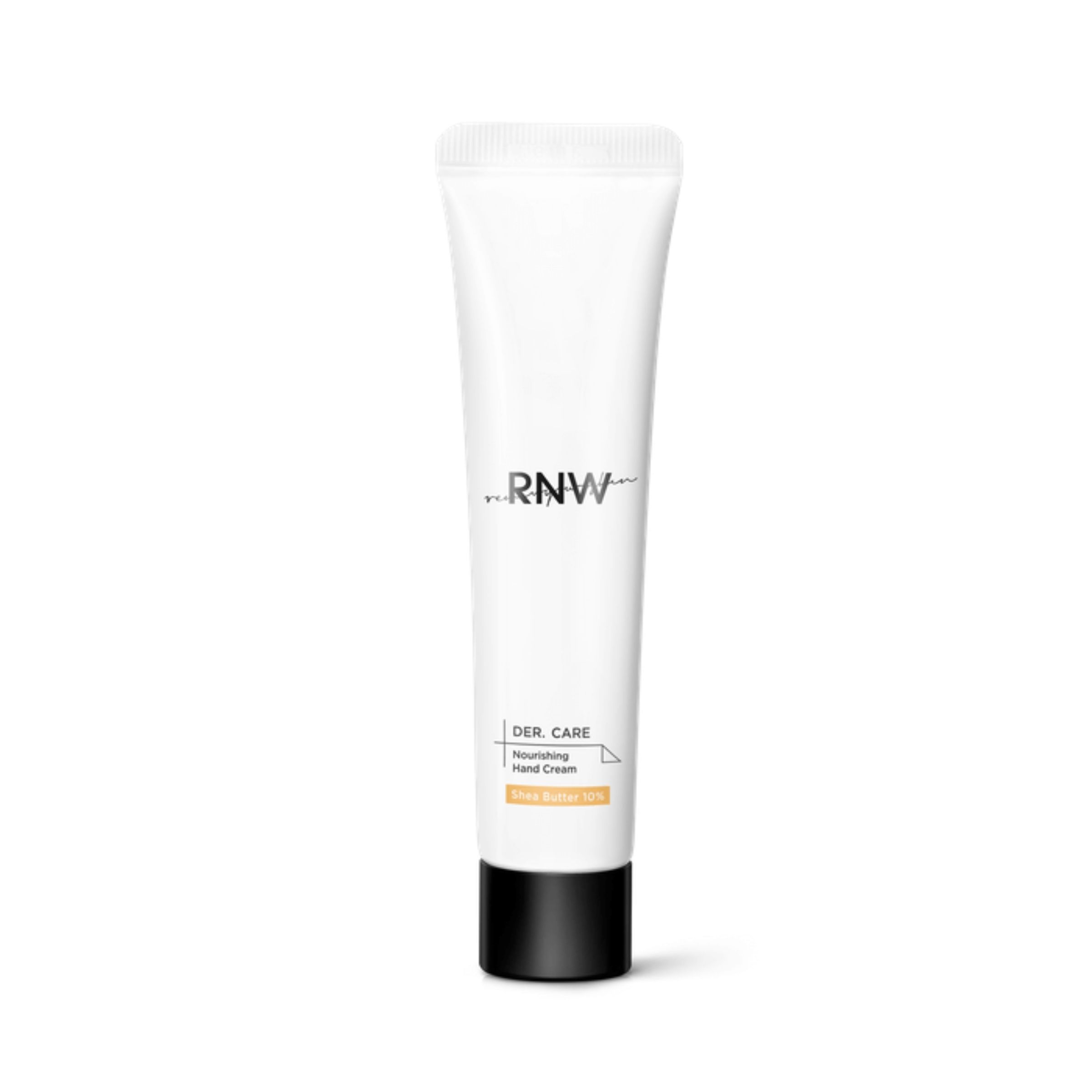Weiße Tube mit schwarzem Deckel. Aufschrift: RNW, Derma Care, Nourishing Hand Cream.