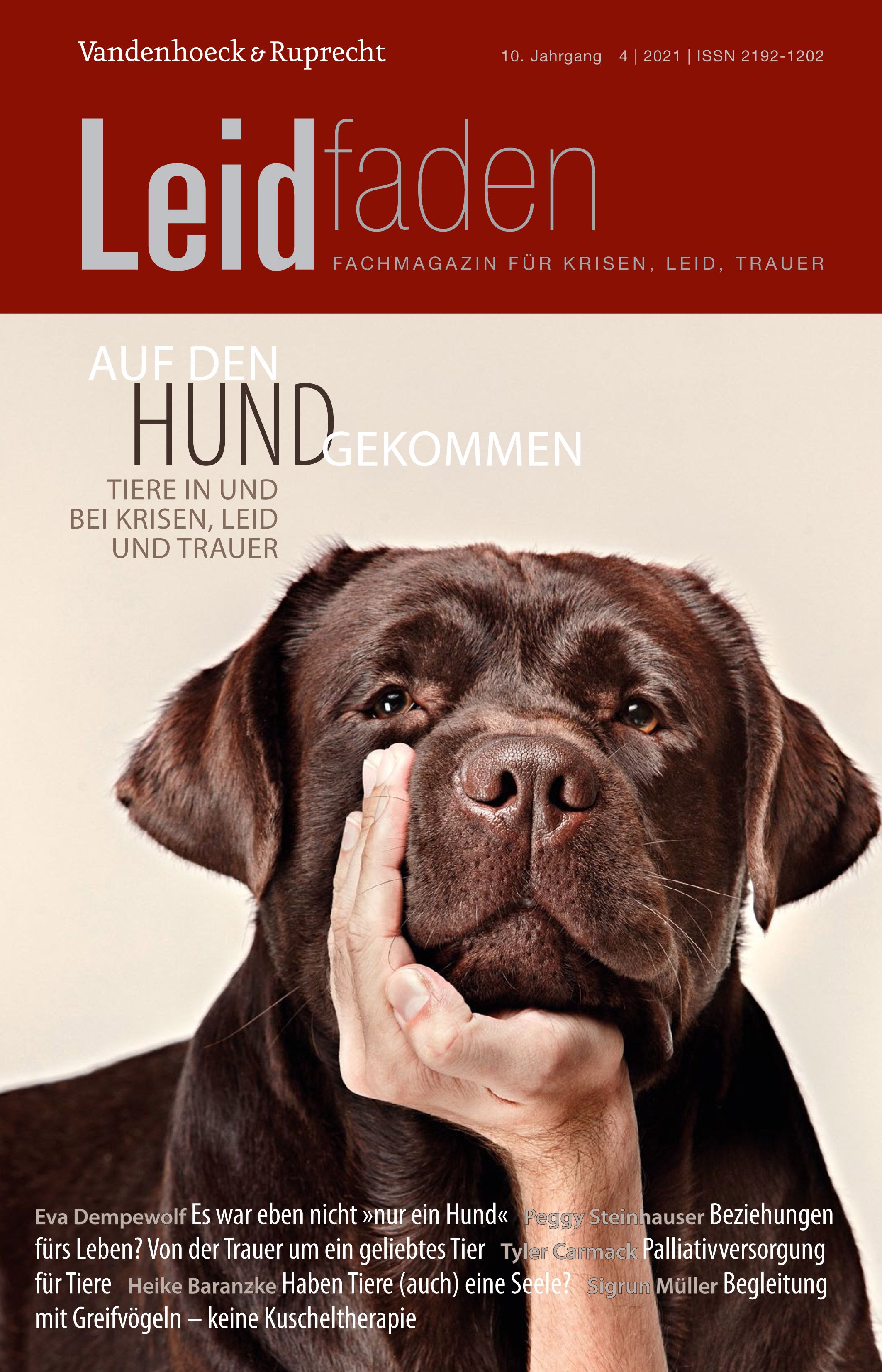 Magazin-Cover: Brauner Hund, Hand berührt Kopf. Titel: Auf den Hund gekommen. Fachmagazin für Krisen, Leid, Trauer.