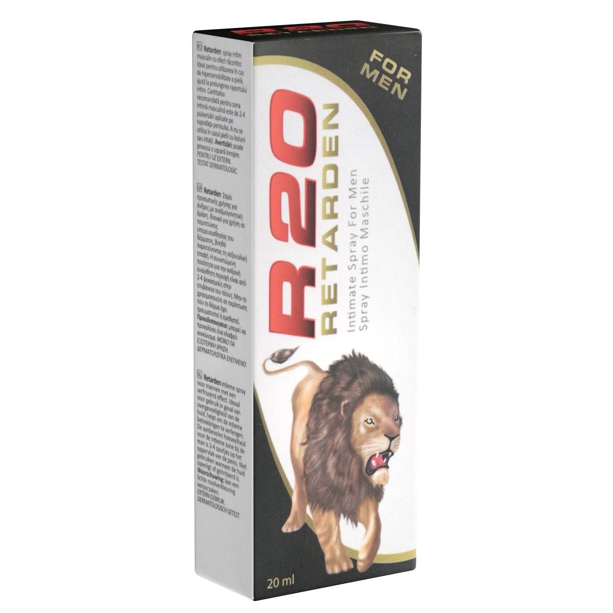 Kartonverpackung mit Aufschrift "R20 RETARDEN" und Löwen-Illustration. Text: "intimate spray for men". Volumen: 20 ml.