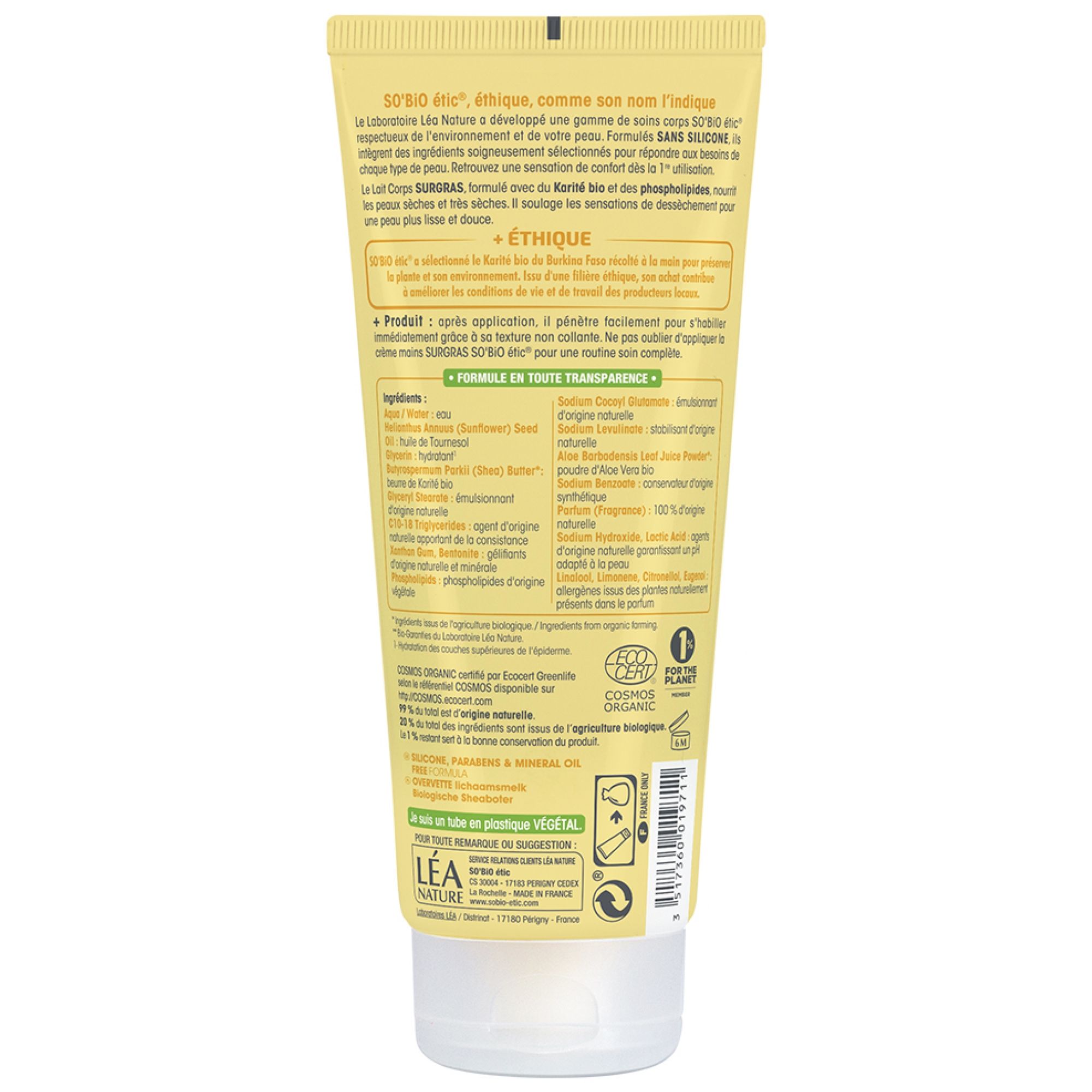 Gelbe Tube mit weißen Aufdrucken, COSMOS ORGANIC-Siegel und Inhaltsstoffliste.