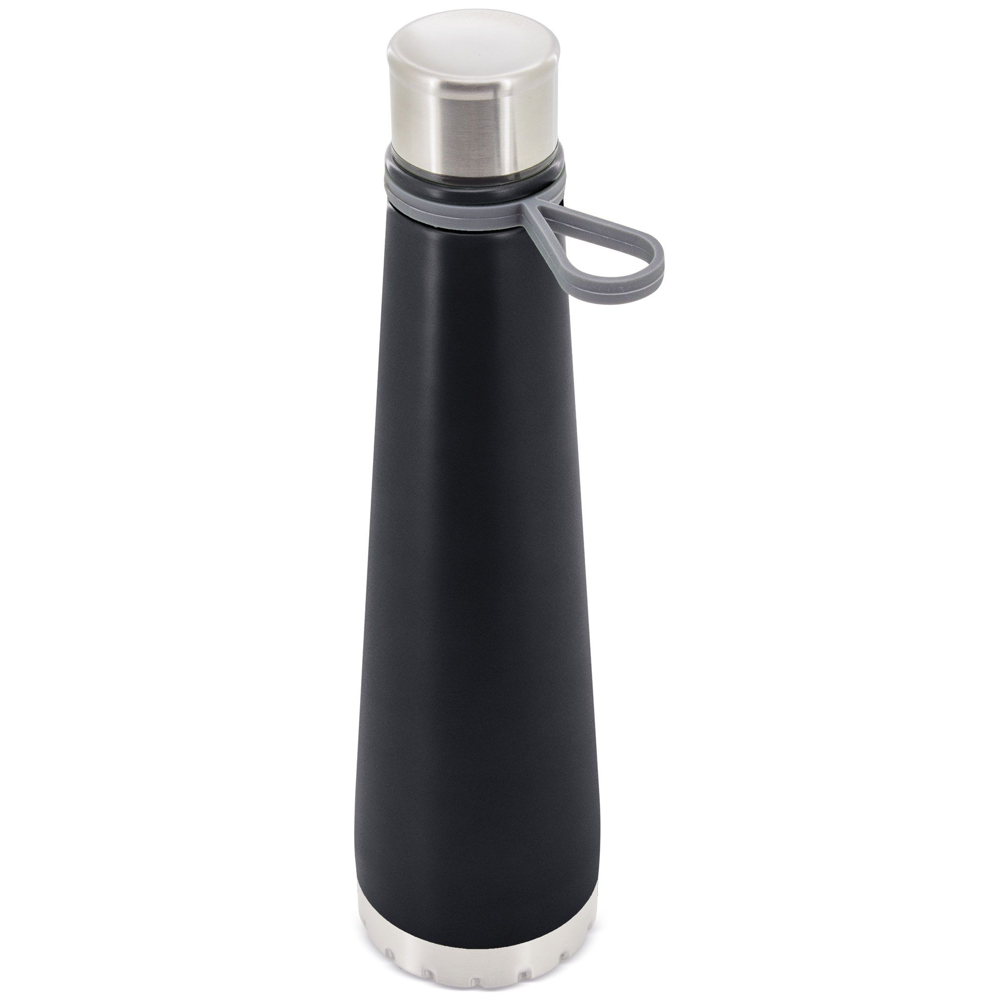 Schwarze Stahlflasche mit silbernem Deckel und grauem Tragegriff. Konische Form, silberner Boden.