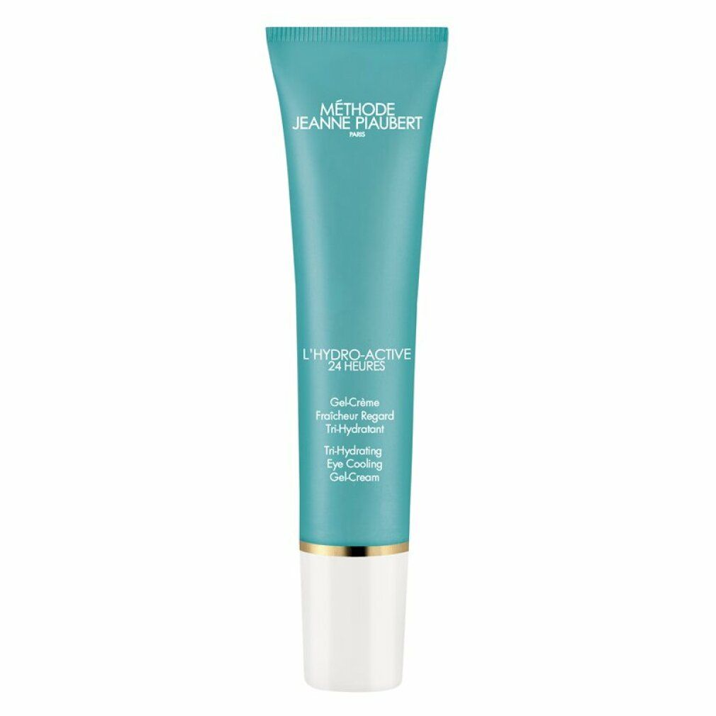 Türkis Tube mit weißem Deckel. Aufschrift: Méthode Jeanne Piaubert, L'Hydro-Active 24 Heures, Gel-Crème, Tri-Hydratant, Eye Cooling Gel-Cream.