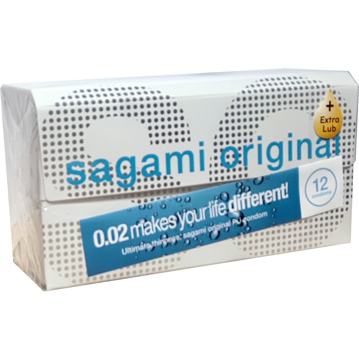 Verpackung von Sagami Original Kondomen. Weißer Karton mit blauer Schrift. Aufschrift: Sagami Original, 0.02, 12 Kondome, Extra Lub.