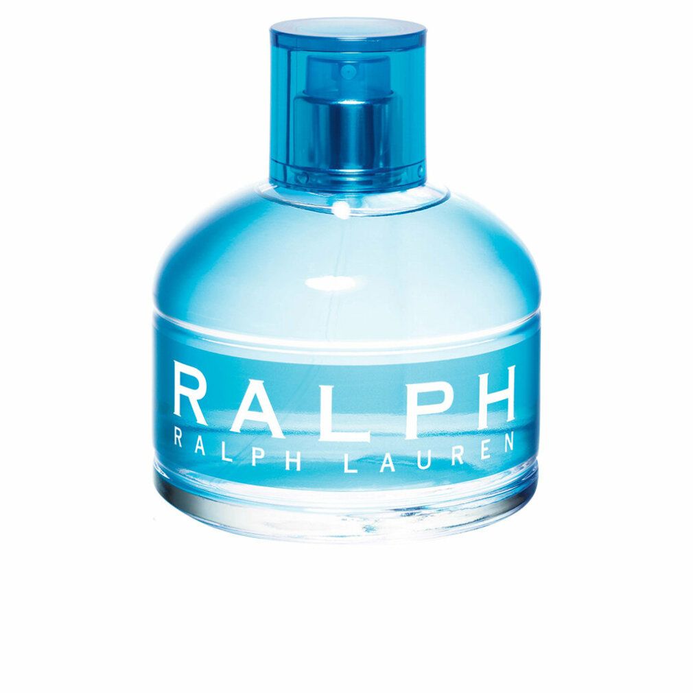 Hellblaues Parfumflakon mit blauem Deckel. Aufschrift RALPH. Klarer Glasflakon.