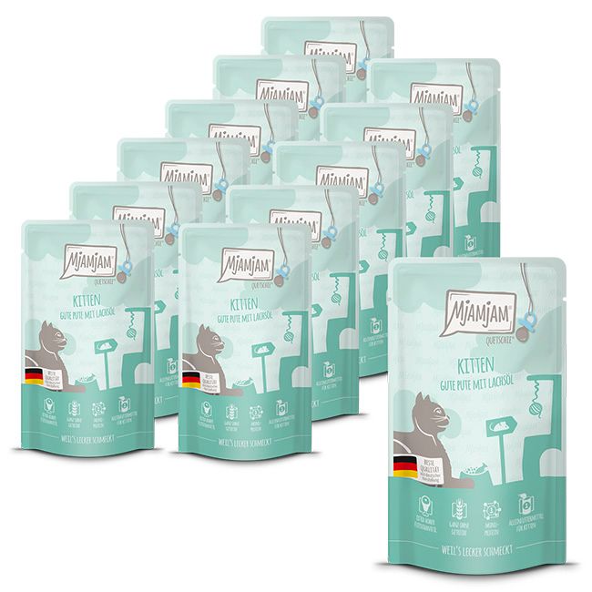 MjAMjAM - Quetschie Kitten gute Pute mit Lachsöl 12x125 g Futter