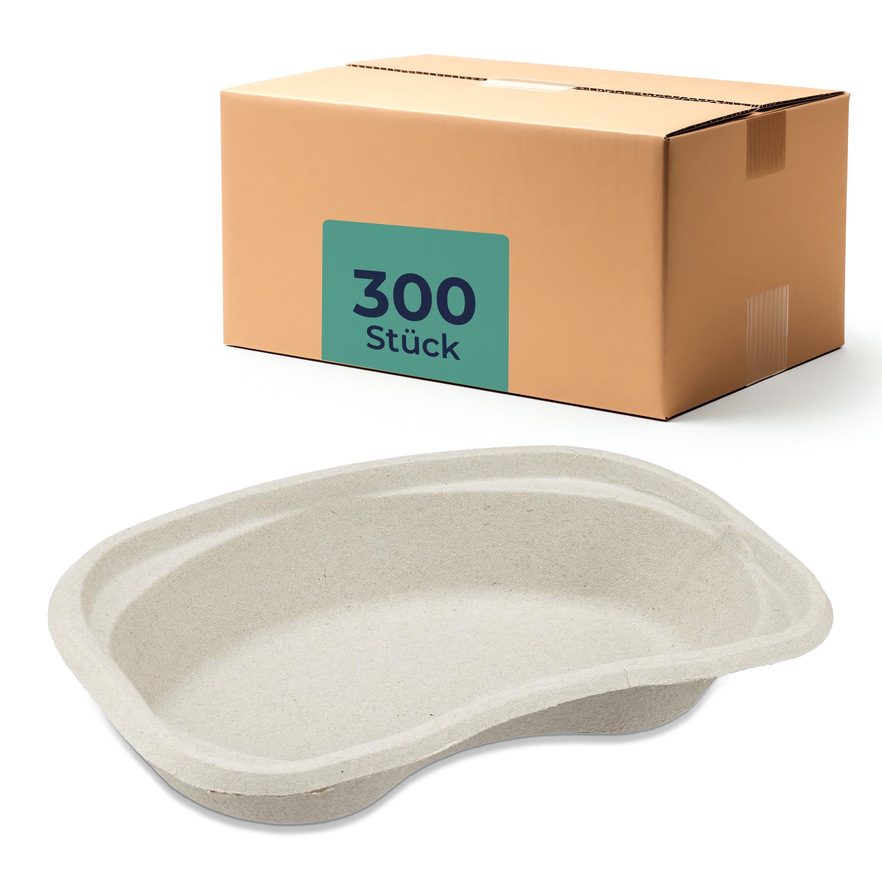 Graue Nierenschale aus Pappe. Darunter eine Pappschachtel mit Aufkleber: 300 Stück.