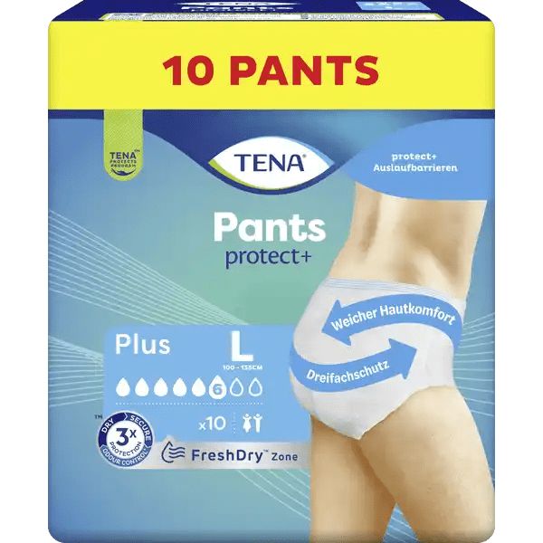Verpackung mit TENA Pants protect+ Inkontinenzpants. Größe L, 10 Stück. Aufdrucke: Weicher Hautkomfort, Dreifachschutz, FreshDry Zone.