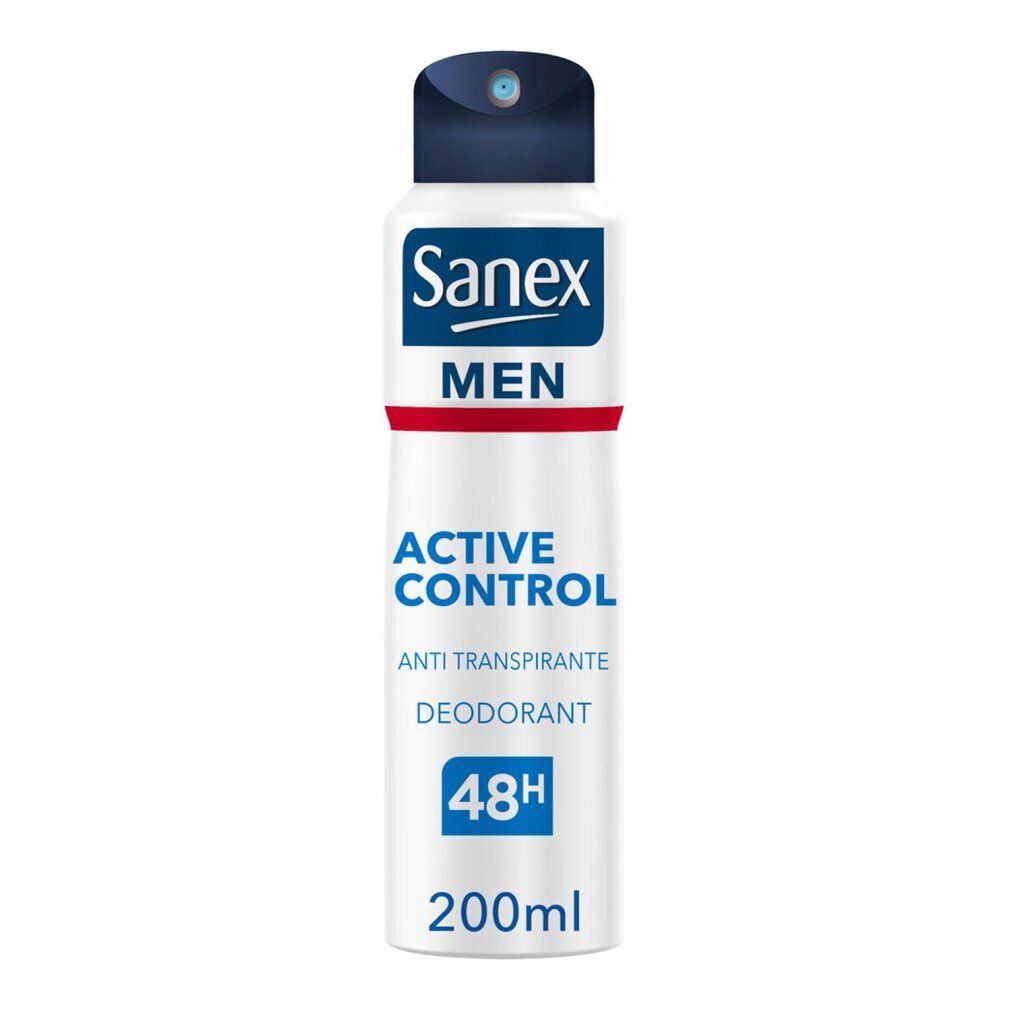 Sanex Men Active Control Deodorant Spray. Weißes Spray mit blauem Deckel. Produktname, Logo, 48H und 200ml-Angabe.