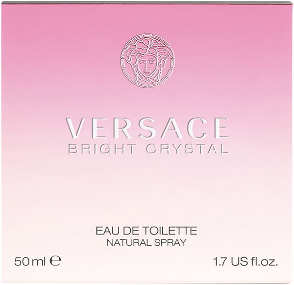 Rosa Schachtel mit Versace Bright Crystal. Text: Versace, Bright Crystal, Eau de Toilette, Natural Spray, 50ml, 1.7 US fl.oz.