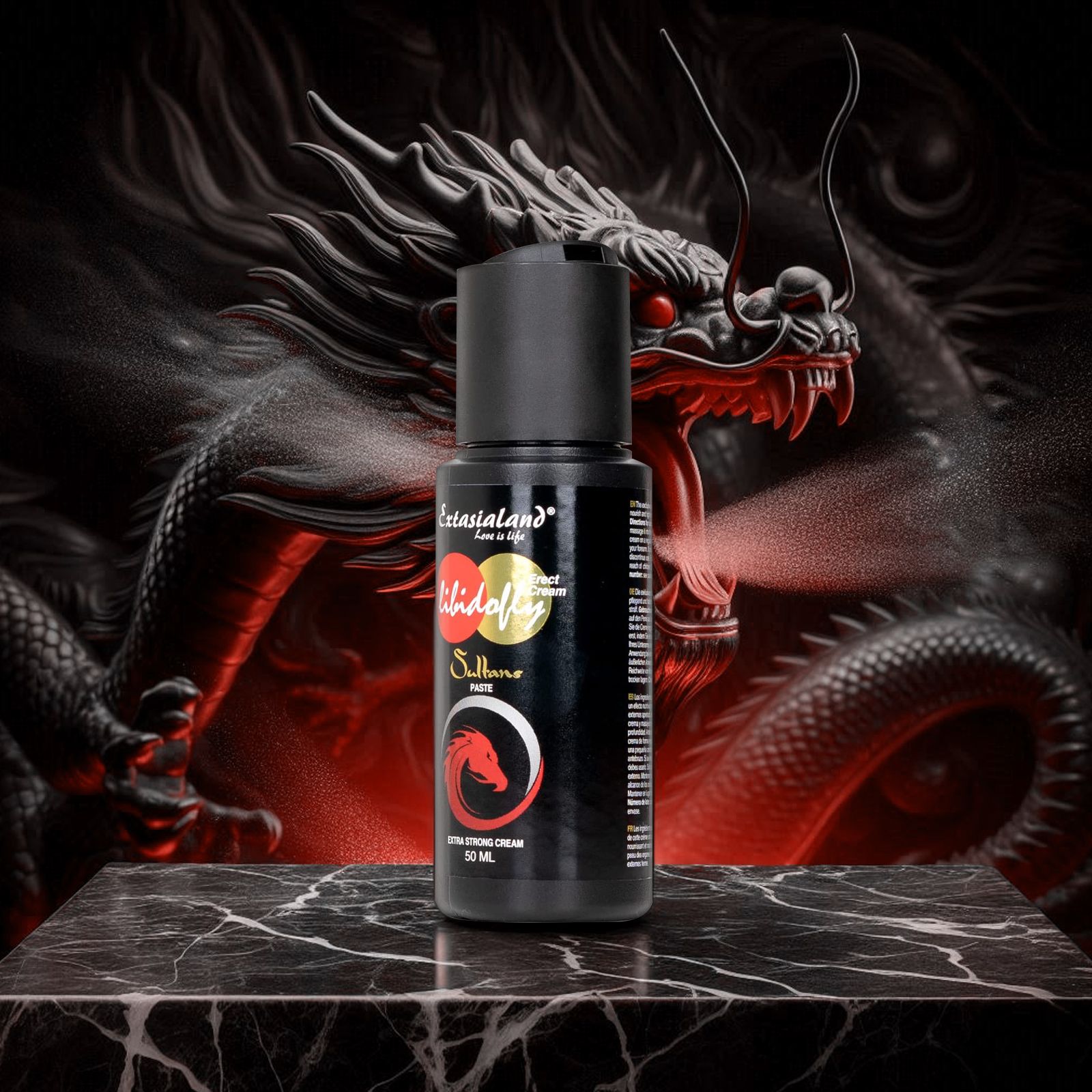 Produktflasche vor Drachenhintergrund. Aufschrift: Extasialand, Libidofly Sultans Paste, rotes Drachenlogo. Extra Strong Cream, 50 ml.