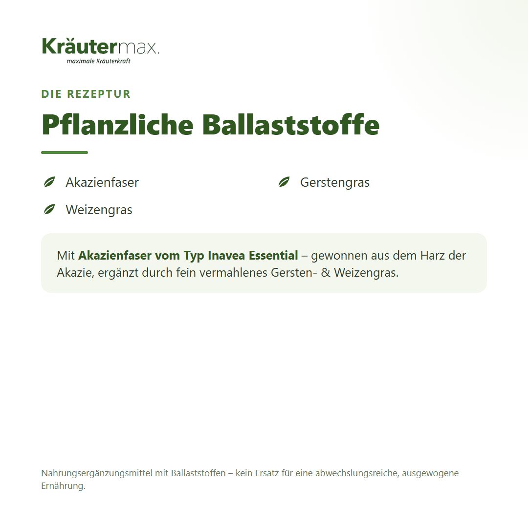 Überschrift 'Pflanzliche Ballaststoffe'. Listet Akazienfaser, Weizengras und Gerstengras auf.